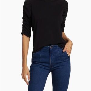 Veronica Beard Waldorf Ruched-Sleeve T-Shirt in Black